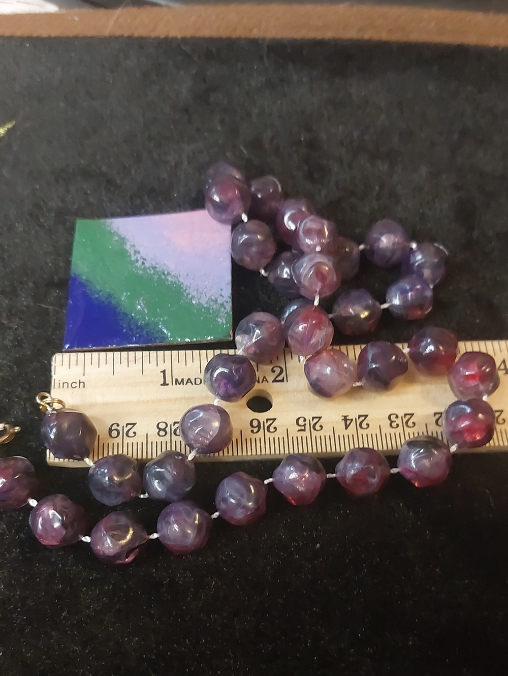 💚3/$25 Vintage Purple Acrylic Bead Necklace & Enamel Copper Brooch Set
